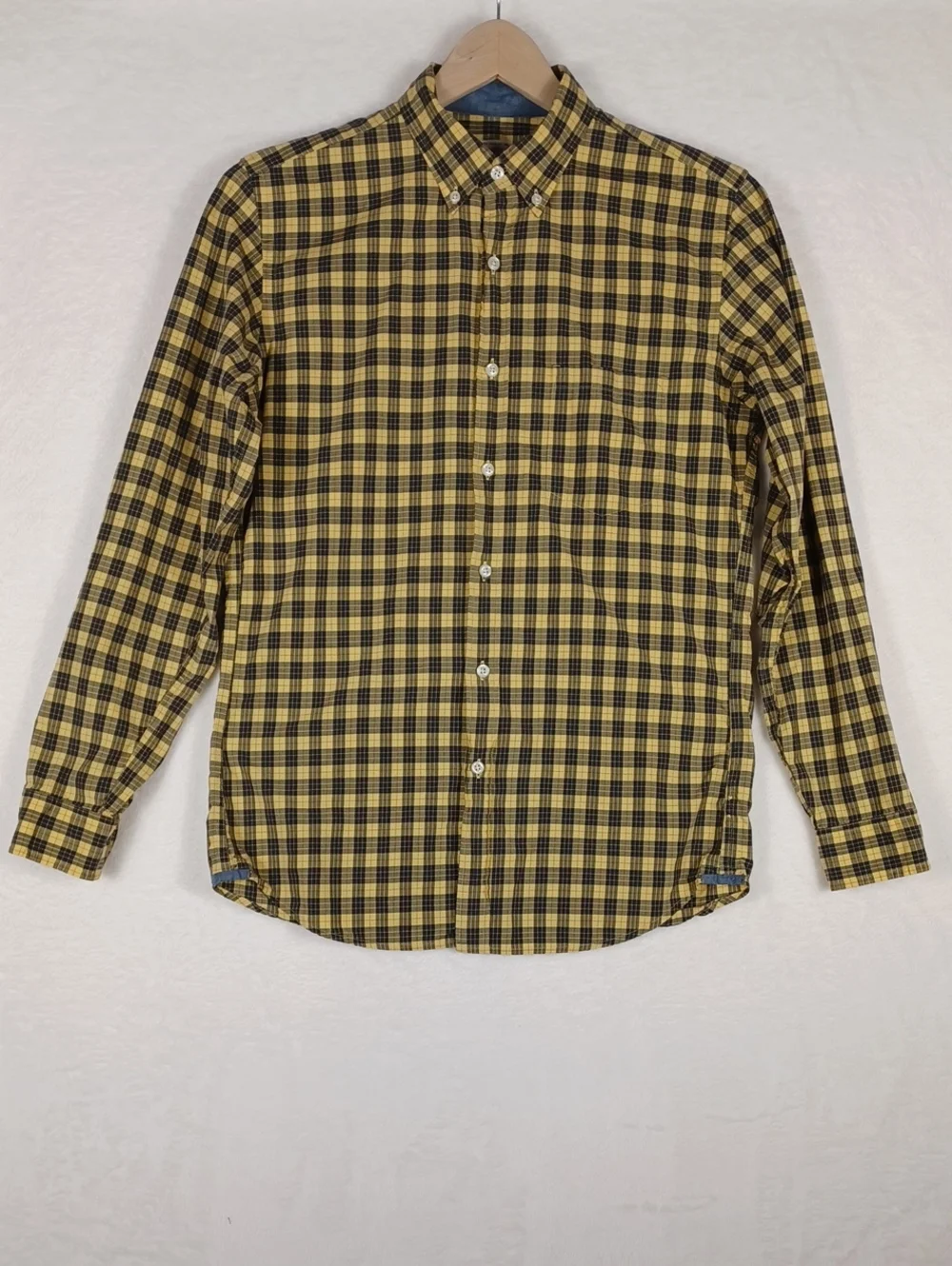 J. Crew Yellow and Black Plaid Long Sleeve Button-Down Cotton Shirt, Mens Small